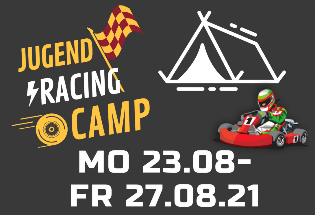 Artwork zum Jugend Racing Camp mit Icons für Zelt, Zielflfage und Kartfahrer